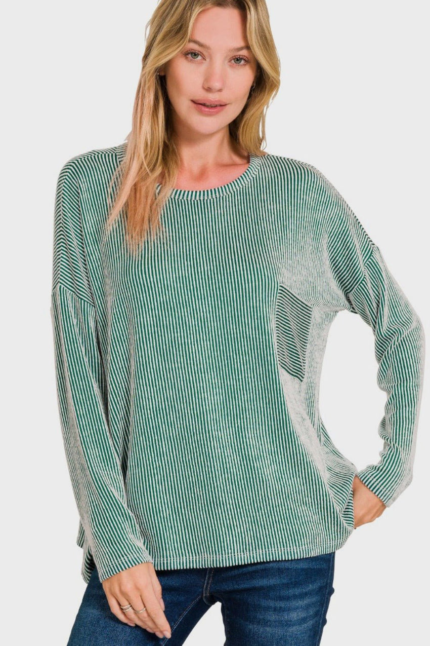 Zenana Ribbed Striped Long Sleeve T-Shirt - 7DAY'S