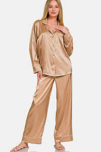 Zenana Satin Long Sleeve Shirt and Pants Pajama Set Loungewear for women - 7DAY'S