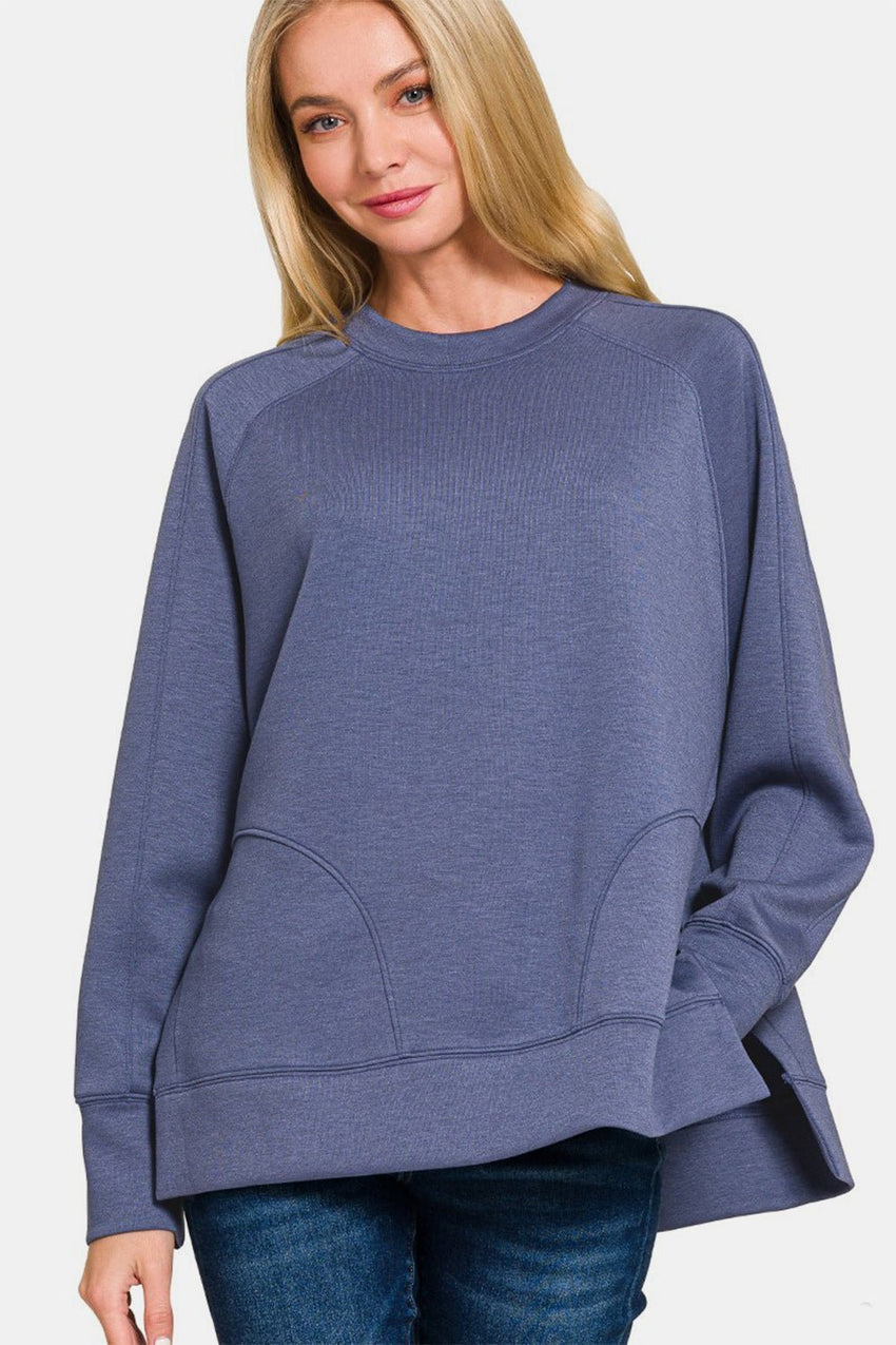 Zenana Scuba Round Neck Side Slit Sweatshirt - 7DAY'S