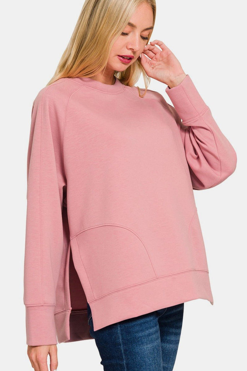 Zenana Scuba Round Neck Side Slit Sweatshirt - 7DAY'S