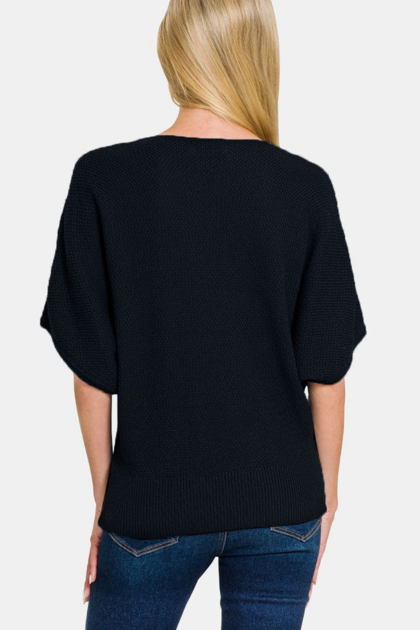 Zenana V - Neck Short Sleeve Dolman Sweater - 7DAY'S