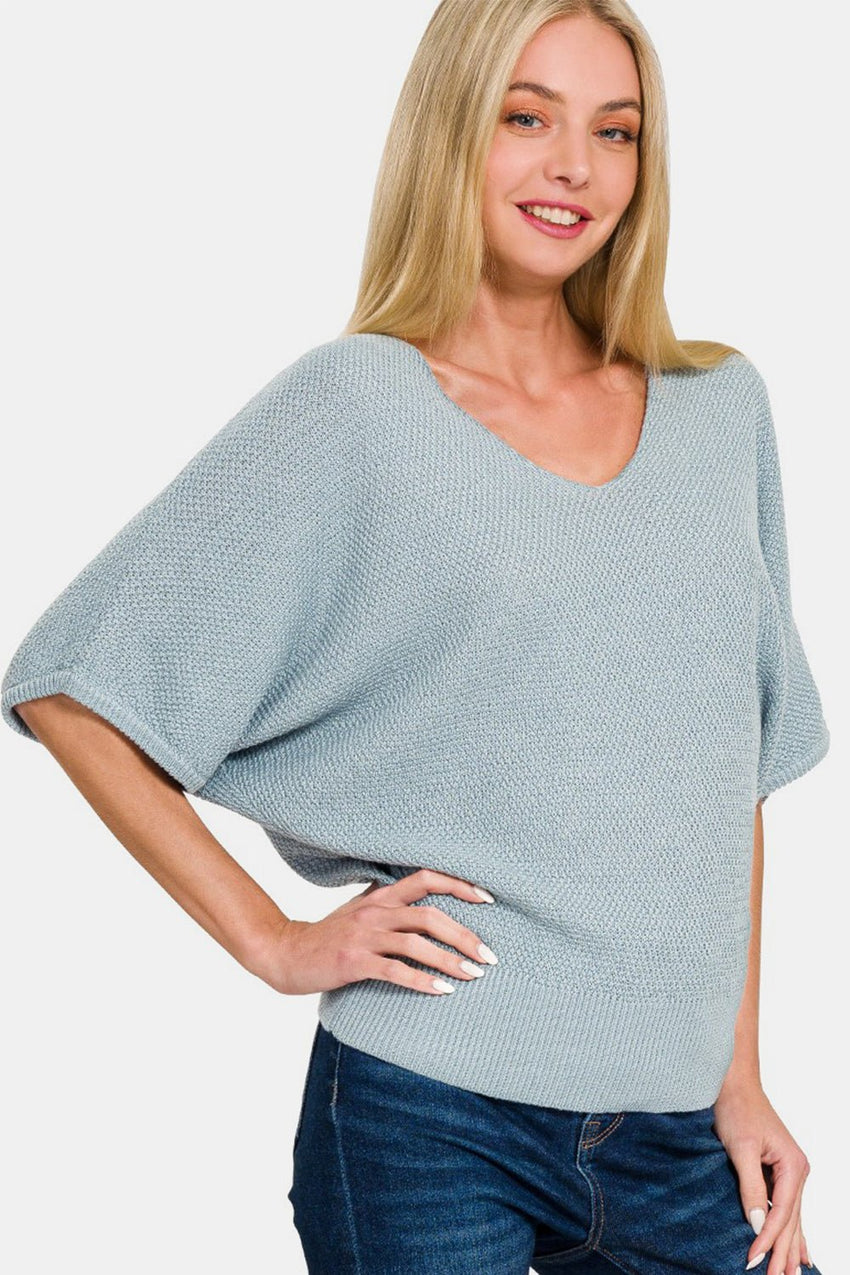 Zenana V - Neck Short Sleeve Dolman Sweater - 7DAY'S