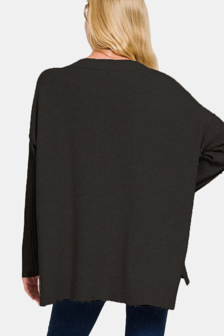 Zenana V - Neck Side Slit High - Low Sweater - 7DAY'S