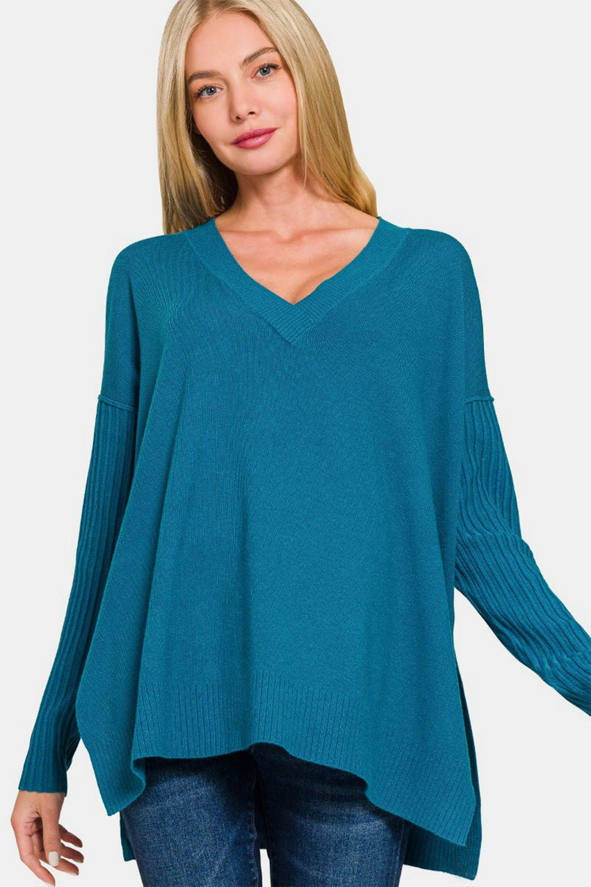 Zenana V - Neck Side Slit High - Low Sweater - 7DAY'S