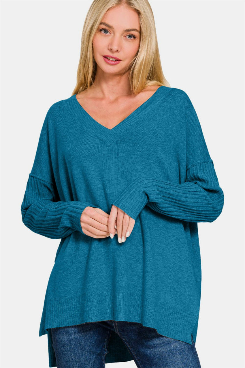 Zenana V - Neck Side Slit High - Low Sweater - 7DAY'S