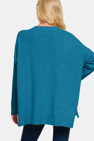 Zenana V - Neck Side Slit High - Low Sweater - 7DAY'S