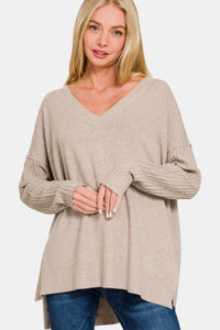 Zenana V - Neck Side Slit High - Low Sweater - 7DAY'S