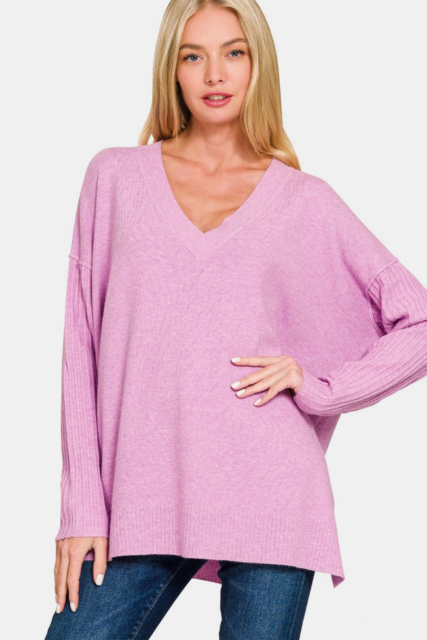 Zenana V - Neck Side Slit High - Low Sweater - 7DAY'S