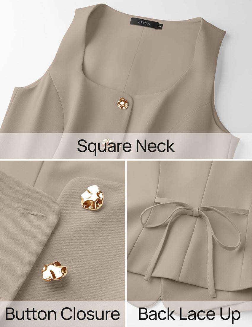 ZESICA Women's 2025 Summer Casual Sleeveless Suit Vest Square Neck Button Down Work Business Blazer Vests Waistcoat - 7DAY'S
