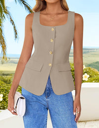 ZESICA Women's 2025 Summer Casual Sleeveless Suit Vest Square Neck Button Down Work Business Blazer Vests Waistcoat - 7DAY'S
