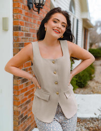 ZESICA Women's 2025 Summer Casual Sleeveless Suit Vest Square Neck Button Down Work Business Blazer Vests Waistcoat - 7DAY'S